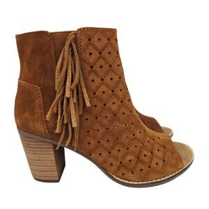 TOMS Majorca Perforated Fringe Heeled Booties Leather Brown 8.5